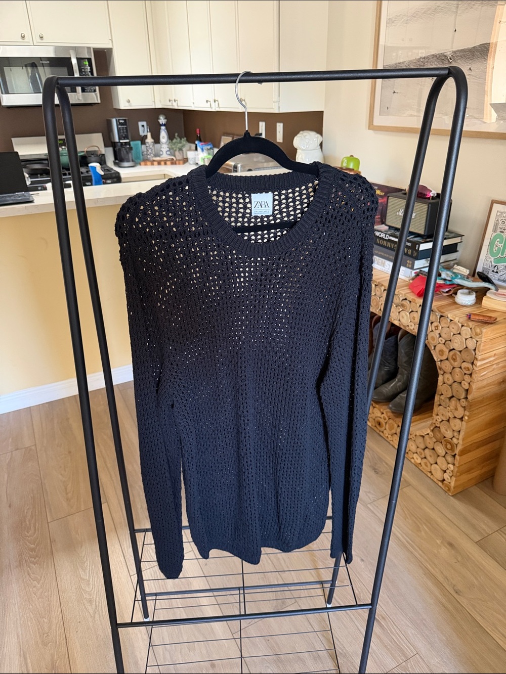 ZARA MAN Open Knit Cotton Crochet Mesh Long Sleeve Sweater Black Large